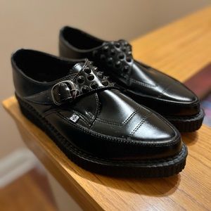 T.U.K. Black Leather pointed spike monk-strap creeper